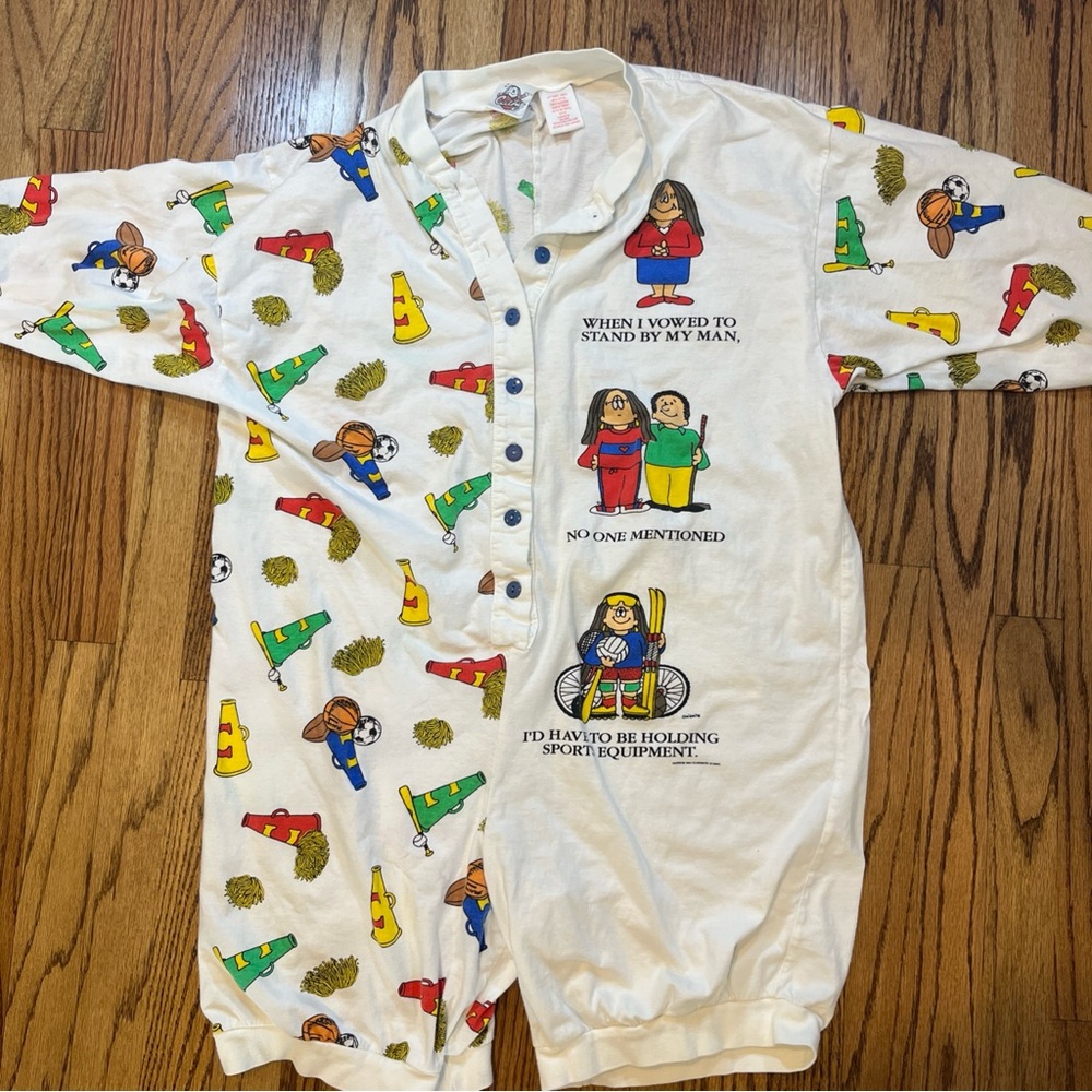 1990s Vintage Cathy Comic Sleep Romper Pajama One Piece Size M Loungewear Henley